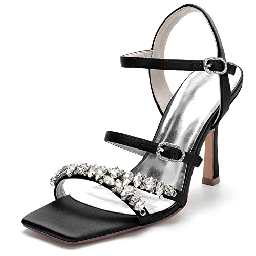 ZZQCCHL Elfenbein Heels Sandalen Damen Quadrat Offene Zehe Knöchelriemen Brautschuhe Party Kleid Pumps mit Strass,Schwarz,37 EU von ZZQCCHL