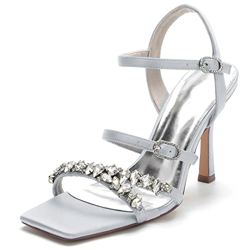 ZZQCCHL Elfenbein Heels Sandalen Damen Quadrat Offene Zehe Knöchelriemen Brautschuhe Party Kleid Pumps mit Strass,Silber,40 EU von ZZQCCHL