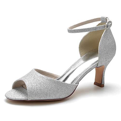 ZZQCCHL Frauen Glitter Sandalen Knöchelriemen Braut Schuhe Low Mid Heel Peep Toe Hochzeit Kleid Schuhe,Silber,39 EU von ZZQCCHL