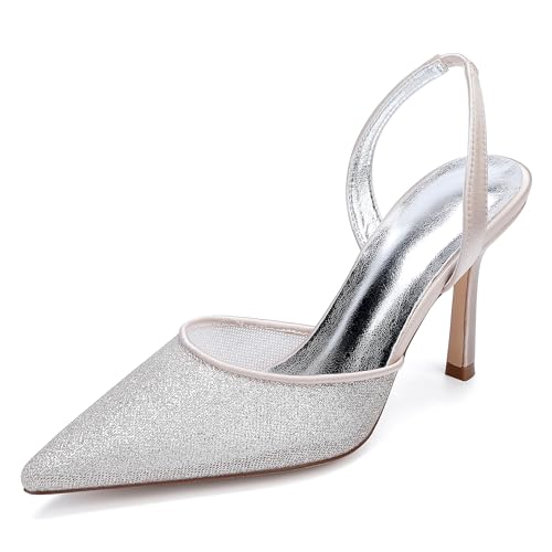 ZZQCCHL Frauen Glitzer Stoff Stiletto Heels für Braut - 9cm Spitze Spitze Slingback Sandalen, Funkelnde Abend Party Schuhe formelle Anlässe,Champagne,41 EU von ZZQCCHL