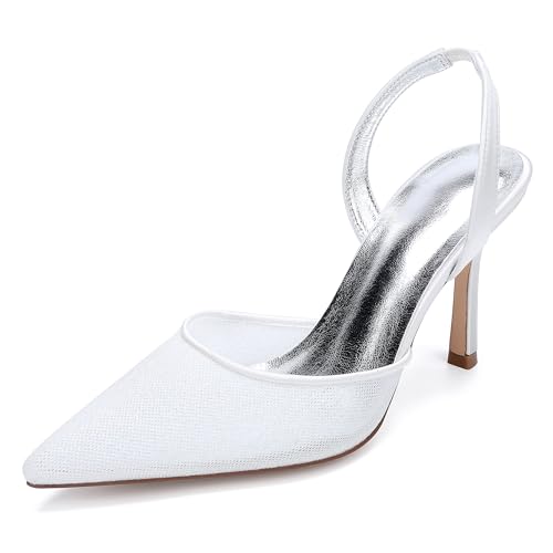 ZZQCCHL Frauen Glitzer Stoff Stiletto Heels für Braut - 9cm Spitze Spitze Slingback Sandalen, Funkelnde Abend Party Schuhe formelle Anlässe,Elfenbein,36 EU von ZZQCCHL