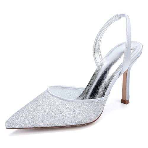 ZZQCCHL Frauen Glitzer Stoff Stiletto Heels für Braut - 9cm Spitze Spitze Slingback Sandalen, Funkelnde Abend Party Schuhe formelle Anlässe,Silber,40 EU von ZZQCCHL