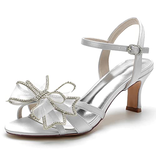 ZZQCCHL Frauen Low Mid Heel Hochzeit Sandalen Knöchelriemen Satin Brautschuhe Elfenbein Open Toe Party Prom Kleid Schuhe,Silber,39 EU von ZZQCCHL