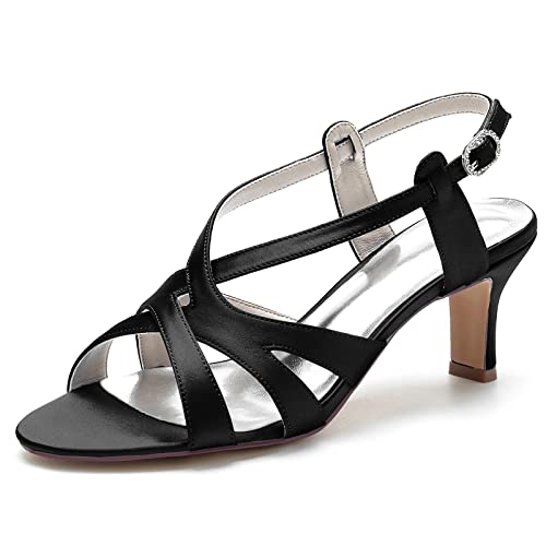 ZZQCCHL Frauen Open Toe Kitten Heel Hochzeit Schuhe Satin Knöchelriemen Braut Schuhe Party Kleid Pumps Sandalen,Schwarz,37 EU von ZZQCCHL