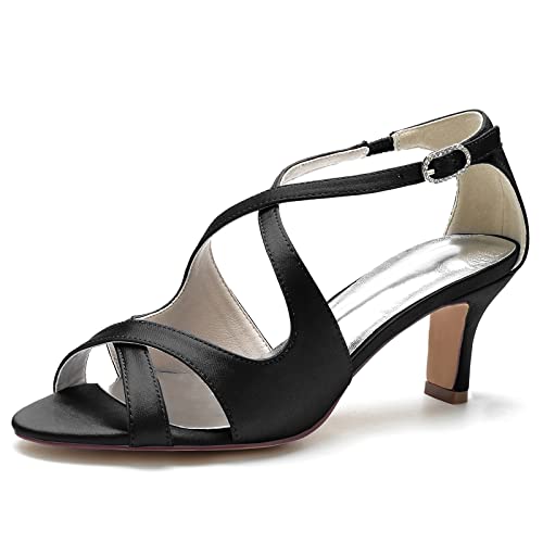 ZZQCCHL Frauen Peep Toe Kitten Heel Hochzeit Schuhe Satin Cross Strap Brautschuhe Party Kleid Pumps Sandalen,Schwarz,37 EU von ZZQCCHL