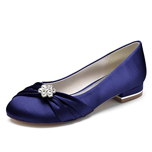 ZZQCCHL Frauen Satin Braut Wohnungen für Hochzeit Strass Runde Zehe Ballett Schuhe Slip-on Prom Abend Party Kleid Schuhe,Marine,37 EU von ZZQCCHL