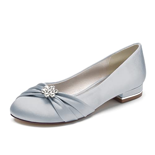 ZZQCCHL Frauen Satin Braut Wohnungen für Hochzeit Strass Runde Zehe Ballett Schuhe Slip-on Prom Abend Party Kleid Schuhe,Silber,39 EU von ZZQCCHL