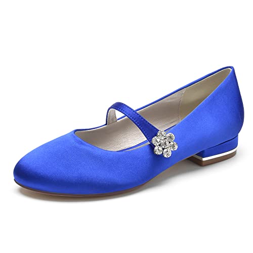 ZZQCCHL Frauen Slip-on Braut Wohnungen Satin Strass Hochzeit Schuhe Runde Zehe Abend Party Kleid Ballett Schuhe,Blau,36 EU von ZZQCCHL