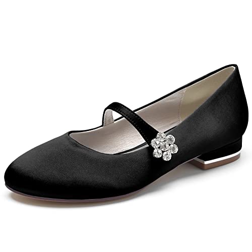 ZZQCCHL Frauen Slip-on Braut Wohnungen Satin Strass Hochzeit Schuhe Runde Zehe Abend Party Kleid Ballett Schuhe,Schwarz,36 EU von ZZQCCHL