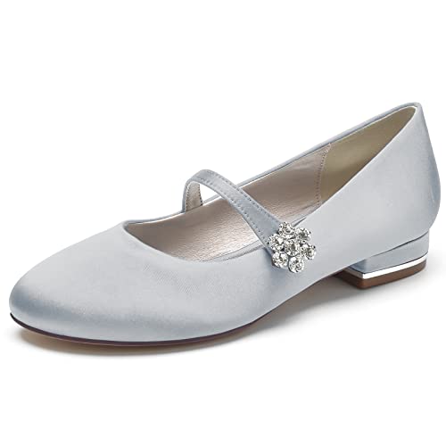 ZZQCCHL Frauen Slip-on Braut Wohnungen Satin Strass Hochzeit Schuhe Runde Zehe Abend Party Kleid Ballett Schuhe,Silber,40 EU von ZZQCCHL