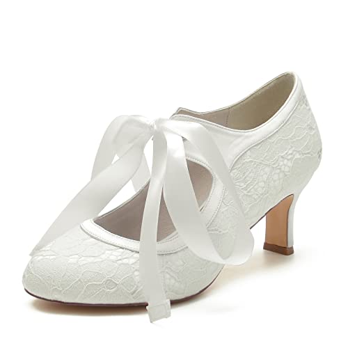 ZZQCCHL Frauen Spitze Satin Brautschuhe Geschlossen Runde Zehe Hochzeit Pumpen Bogen Strappy Low Heel Prom Party Kleid Schuhe,Elfenbein,41 EU von ZZQCCHL