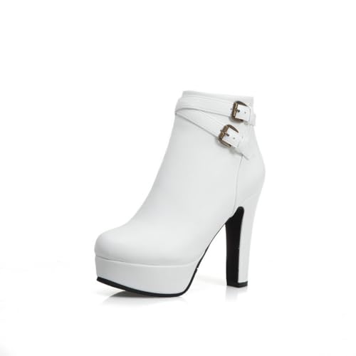 ZZQCCHL Frauen Spitze Zehe Stiefeletten Chunky High Heel Zip Booties Plattform Arbeit Büro Elegant Short Boot,Weiß,39 EU von ZZQCCHL