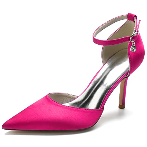 ZZQCCHL Frauen Spitze Zehen High Heel Pumps Satin Knöchelriemen Brautschuhe Abendparty Hochzeitskleid Reine Farbe Pumps,Fuchsia,37 EU von ZZQCCHL