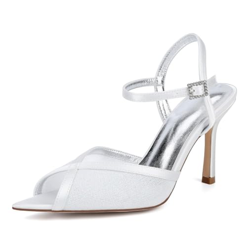 ZZQCCHL Glam Glitter Stoff Stiletto Heels - 9cm Spitze Spitze Knöchelriemen offen - Zehensandalen Abendschuhe für Damen, Braut formelle Anlässe,Elfenbein,37 EU von ZZQCCHL
