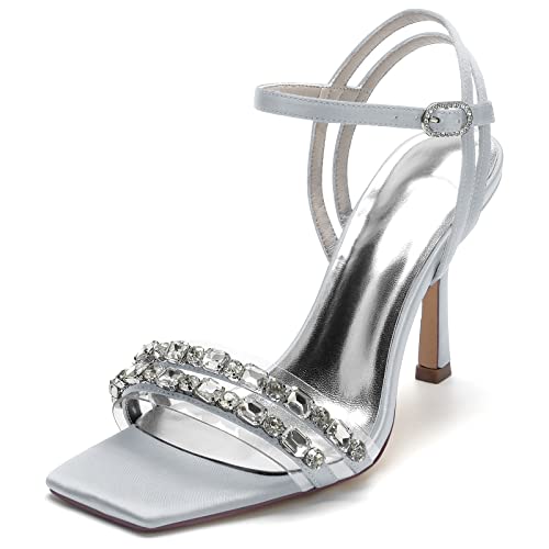 ZZQCCHL Knöchelriemen Stiletto Sandalen Square Toe Open Toe Hochzeitsschuhe 9,5 cm Partykleid Pumps mit Strass,Silber,36 EU von ZZQCCHL