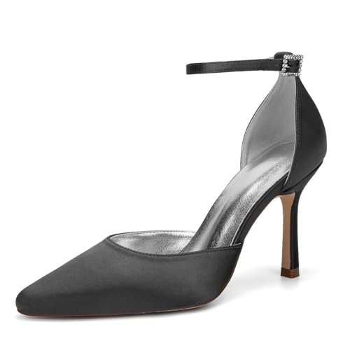 ZZQCCHL Satin Open Toe Brautschuhe für Frauen Strass Knöchelriemen Schlanker High Heel Ideal für Hochzeitszeremonien und Partys,Schwarz,36 EU von ZZQCCHL