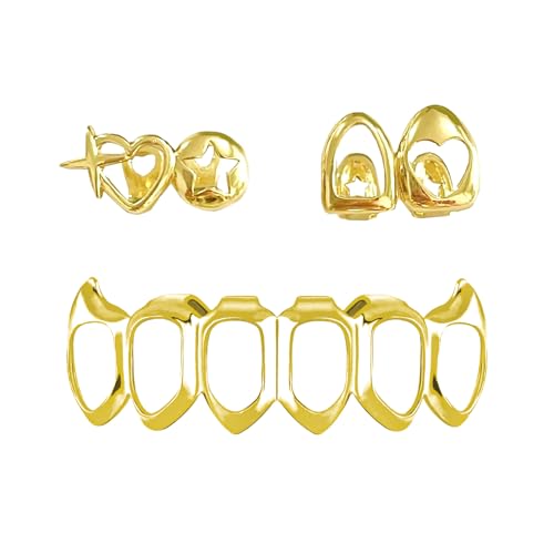 3-teiliges goldenes Grillz-Set, offenes Gesicht, Hip-Hop-Zähne, Schmuck, vergoldete Zahnkappen für oben und unten, abnehmbare Grills für Männer und Frauen 3-teiliges goldenes Grillz-Set, offenes Gesicht, Hip-Hop-Zähne, Schmuck, vergoldete Zahnkappen für oben und unten, abnehmbare Grills für Männer und Frauen von ZZQPSD