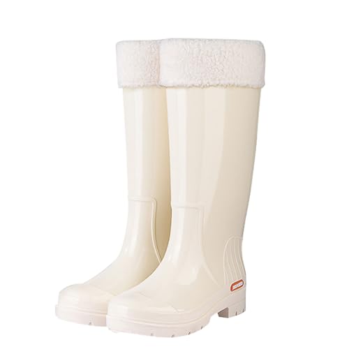 Wasserdichte Regenstiefel mit hohem Schaft und Plüschfutter, rutschfeste, warme Gummiüberschuhe for den Winter, for die Gartenarbeit im Freien und bei kaltem Wetter Regenstiefel(Beige,36 EU) von ZZTWER