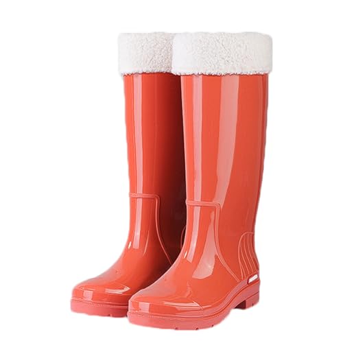 Wasserdichte Regenstiefel mit hohem Schaft und Plüschfutter, rutschfeste, warme Gummiüberschuhe for den Winter, for die Gartenarbeit im Freien und bei kaltem Wetter Regenstiefel(Orange,37 EU) von ZZTWER