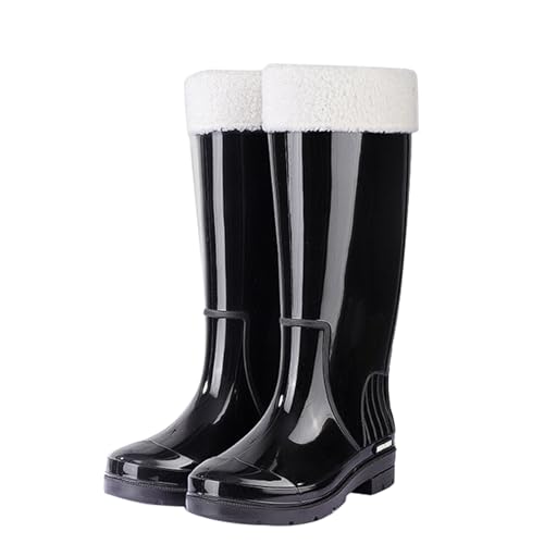 Wasserdichte Regenstiefel mit hohem Schaft und Plüschfutter, rutschfeste, warme Gummiüberschuhe for den Winter, for die Gartenarbeit im Freien und bei kaltem Wetter Regenstiefel(Svart,38 EU) von ZZTWER