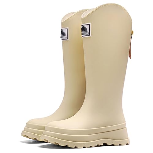 ZZTWER 38 cm Outdoor-Gummistiefel for Damen, hohe Regenstiefel, wasserdicht, leicht, rutschfest, for Wandern und Waten, mit trockenem Netzfutter Regenstiefel(Beige,41 EU) von ZZTWER
