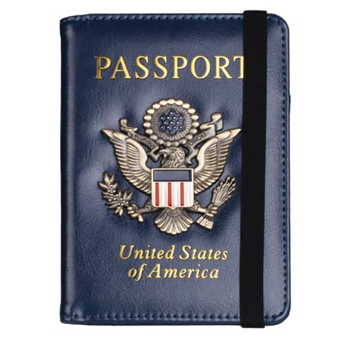 ZZTWER Amerikanischer Blauer Reisepasshalter mit Mehreren Kartenfächern, Reisepasshülle, antimagnetischer Bankkartenhalter mit Gummiband Reisepasshüllen(Navy Blue) von ZZTWER