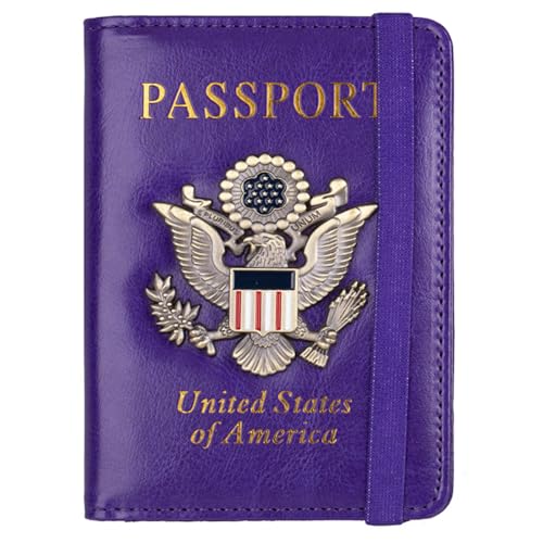 ZZTWER Amerikanischer Blauer Reisepasshalter mit Mehreren Kartenfächern, Reisepasshülle, antimagnetischer Bankkartenhalter mit Gummiband Reisepasshüllen(Purple) von ZZTWER