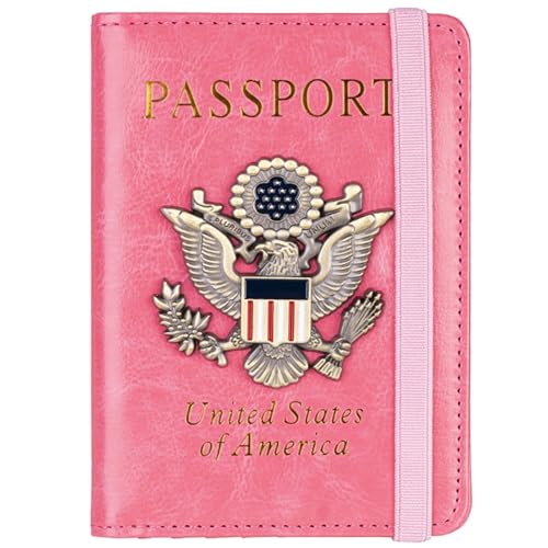 ZZTWER Amerikanischer Blauer Reisepasshalter mit Mehreren Kartenfächern, Reisepasshülle, antimagnetischer Bankkartenhalter mit Gummiband Reisepasshüllen(Rose) von ZZTWER