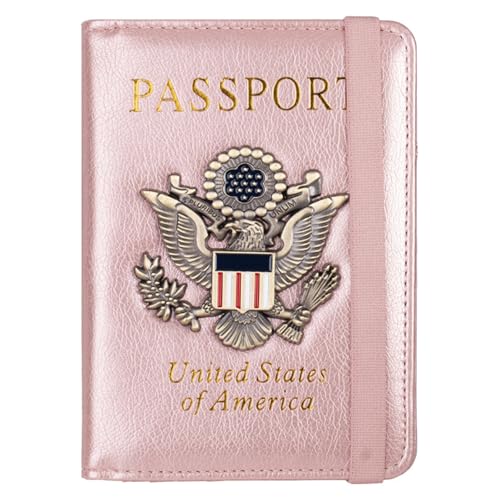 ZZTWER Amerikanischer Blauer Reisepasshalter mit Mehreren Kartenfächern, Reisepasshülle, antimagnetischer Bankkartenhalter mit Gummiband Reisepasshüllen(Rose Gold) von ZZTWER