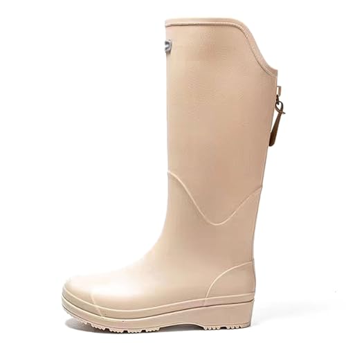 ZZTWER Unisex High-Top wasserdichte Regenstiefel mit Plüschfutter, rutschfeste Outdoor-Gummistiefel for Wandern, Radfahren und for den Winter Regenstiefel(Beige,37 EU) von ZZTWER
