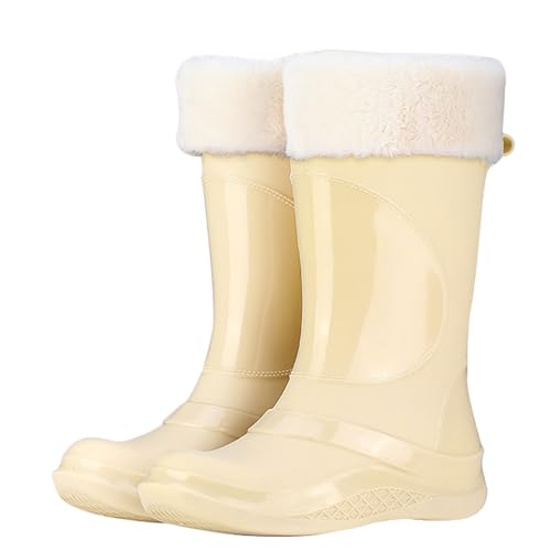 ZZTWER Wasserdichte Regenstiefel for Damen mit herausnehmbarem Fleecefutter, rutschfeste Freizeit-Arbeitsstiefel for Komfort im Freien Regenstiefel(Beige 1,39 EU) von ZZTWER