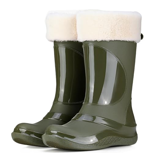 ZZTWER Wasserdichte Regenstiefel for Damen mit herausnehmbarem Fleecefutter, rutschfeste Freizeit-Arbeitsstiefel for Komfort im Freien Regenstiefel(Green 1,40 EU) von ZZTWER