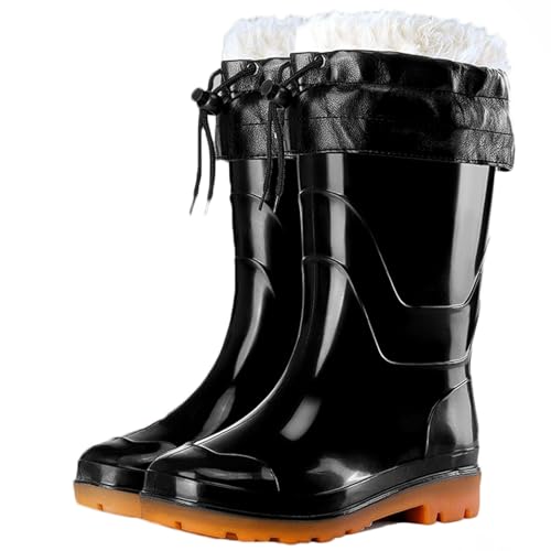 ZZTWER Wasserdichte Regenstiefel mit hohem und mittlerem Schaft, rutschfeste Arbeitsstiefel mit Fleecefutter und Rindsledersohle for Bauarbeiten und Autowäsche Regenstiefel(25CM Type 3,38 EU) von ZZTWER