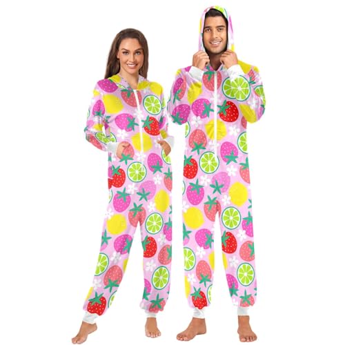 ZZXXB Erdbeer-Zitronen-Einteiler, Schlafanzug für Erwachsene, Damen, Herren, lange Ärmel, Einteiler, mit Kapuze, Nachtwäsche, S-XL, rose, M von ZZXXB
