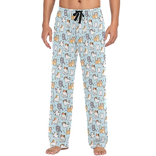 ZZXXB Kätzchen Katzen Pyjamahose für Herren Komfort Schlaf Lounge Hose gerade Passform mit Taschen S-XXL, Blue, XL von ZZXXB