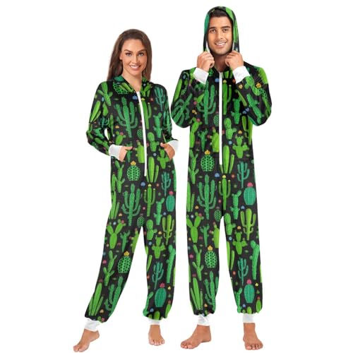 ZZXXB Kaktus Sukkulenten Floral Onesie Pyjama für Erwachsene Frauen Männer Lange Ärmel Einteiler Onesies Kapuze Nachtwäsche S - XL, grün, M von ZZXXB