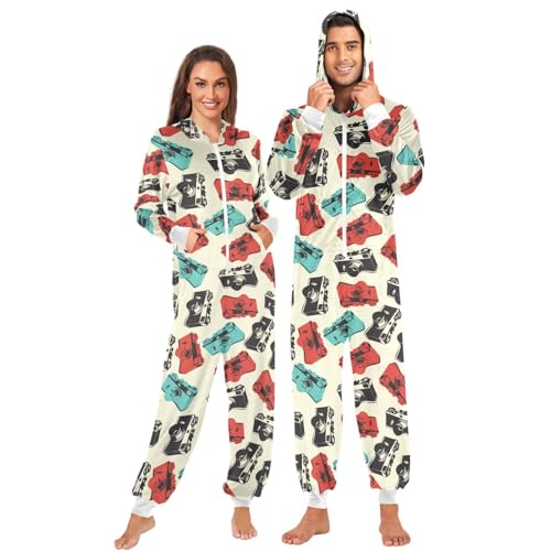 ZZXXB Kamera Onesie Pyjama für Erwachsene Frauen Männer Lange Ärmel Einteiler Onesies Kapuze Nachtwäsche S - XL, beige, M von ZZXXB