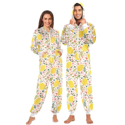 ZZXXB Sommer Zitrone Blumen Druck Onesie Pyjama für Erwachsene Frauen Männer Lange Ärmel Einteiler Onesies Mit Kapuze Nachtwäsche S - XL, gelb, M von ZZXXB