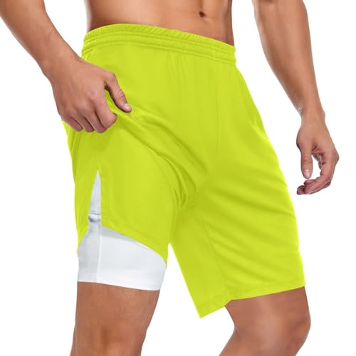 ZZXXB Sport-Shorts für Herren mit Taschen, 2-in-1, schnell trocknende Laufshorts, Hellgelb, gelb, XL von ZZXXB