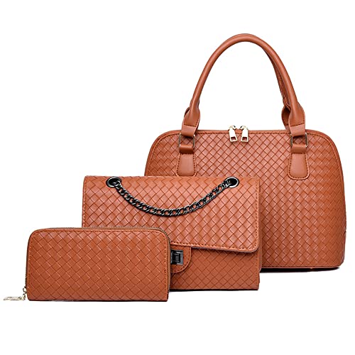 ZZYING Gewebte Taschen für Damen, Schultertasche, Tragegriff oben, Umhängetasche, Geldbörse, Set, 3-teilig, Tragetasche für Damen, braun von ZZYING