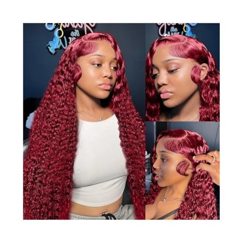 Perücke Damen HD Transparent Lace 200 Dichte 13x4 Volle Frontalspitze Vorgezupft Farbige Deep Wave Frontal Echthaarperücke Synthetische Perücke(42inches) von ZZlei2yu-12