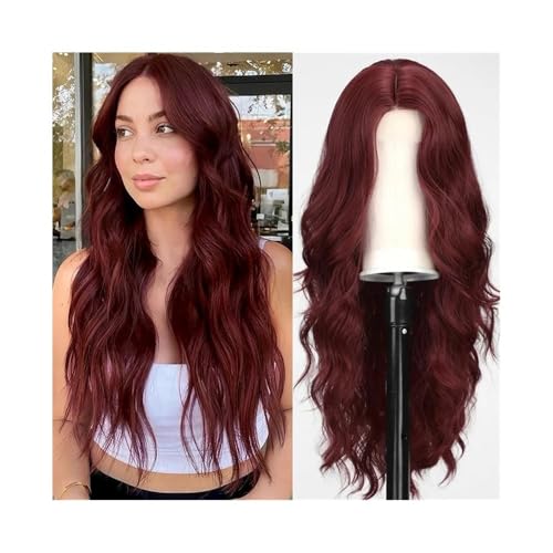 Perücke Damen Mode Perücke Langes lockiges Haar Kunstfaser Hochtemperaturseide Vollkopfbedeckung Synthetische Perücke(103f-wine red) von ZZlei2yu-12