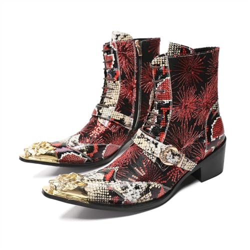 ZZveZZ Herren Herbst Und Winter Blau Rot Beige Metall Spitze Erhöhte Kurze Stiefel Handgefertigte Lederschuhe (Color : Red, Size : 44 EU) von ZZveZZ