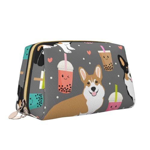 Niedliche Corgi Make-up-Tasche mit Haustier- und Milchtee-Aufdruck, tragbar, vielseitig, Kulturbeutel, große Kapazität, Kosmetiktasche für Damen, weiß, Einheitsgröße, Kulturbeutel von ZaKhs