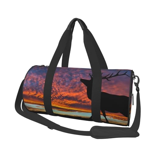 Reisetasche, Motiv: Roter Hirsch, Stier, Elch, Sonnenuntergang, mit Tasche und verstellbarem Riemen, große Sporttasche, modische Yoga-Tasche für Damen und Herren, Schwarz , Einheitsgröße von ZaKhs