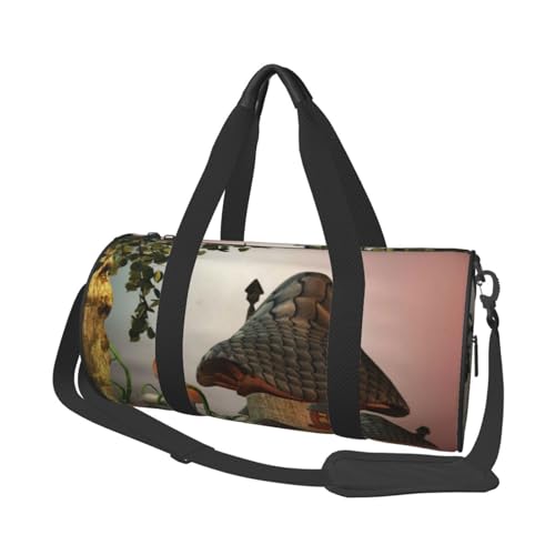 Reisetasche mit Pilzgarten-Druck, mit Tasche und verstellbarem Riemen, großer Turnbeutel, modische Yoga-Tasche für Damen und Herren, Schwarz , Einheitsgröße von ZaKhs