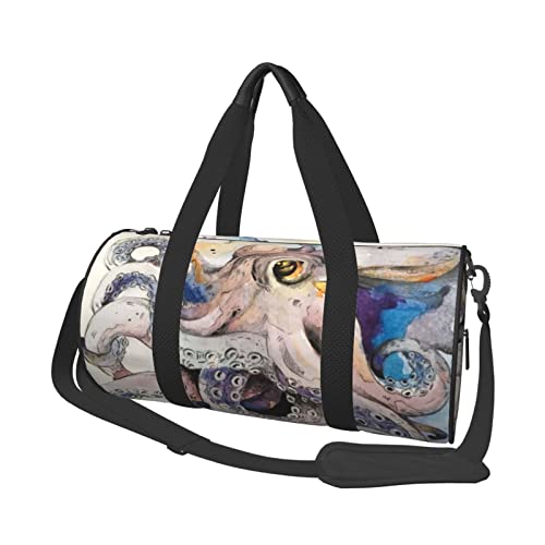 Reisetasche mit Retro-Oktopus-Druck, mit Tasche und verstellbarem Riemen, großer Turnbeutel, modische Yoga-Tasche für Damen und Herren, Schwarz , Einheitsgröße von ZaKhs