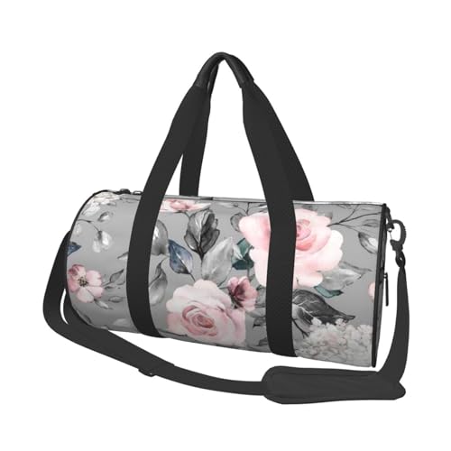 Reisetasche mit Rosenblüten und Blättern, mit Tasche und verstellbarem Riemen, große Sporttasche, modische Yoga-Tasche für Damen und Herren, Schwarz , Einheitsgröße von ZaKhs