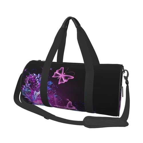 Reisetasche mit Schmetterlings-Aufdruck, mit Tasche und verstellbarem Riemen, große Sporttasche, modische Yoga-Tasche für Damen und Herren, Rosa / Violett, Schwarz , Einheitsgröße von ZaKhs