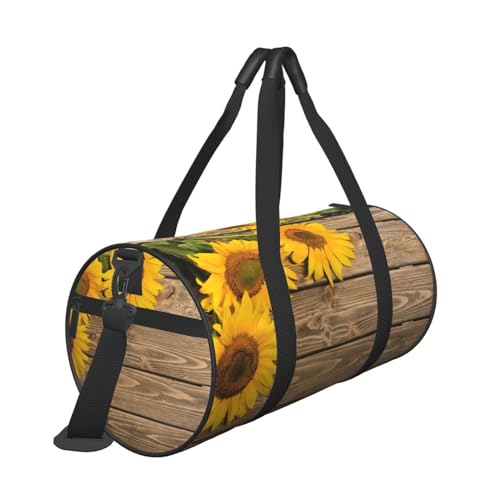 Reisetasche mit drei Sonnenblumen auf Holzdruck, mit Tasche und verstellbarem Riemen, große Sporttasche, modische Yoga-Tasche für Damen und Herren, Schwarz , Einheitsgröße von ZaKhs